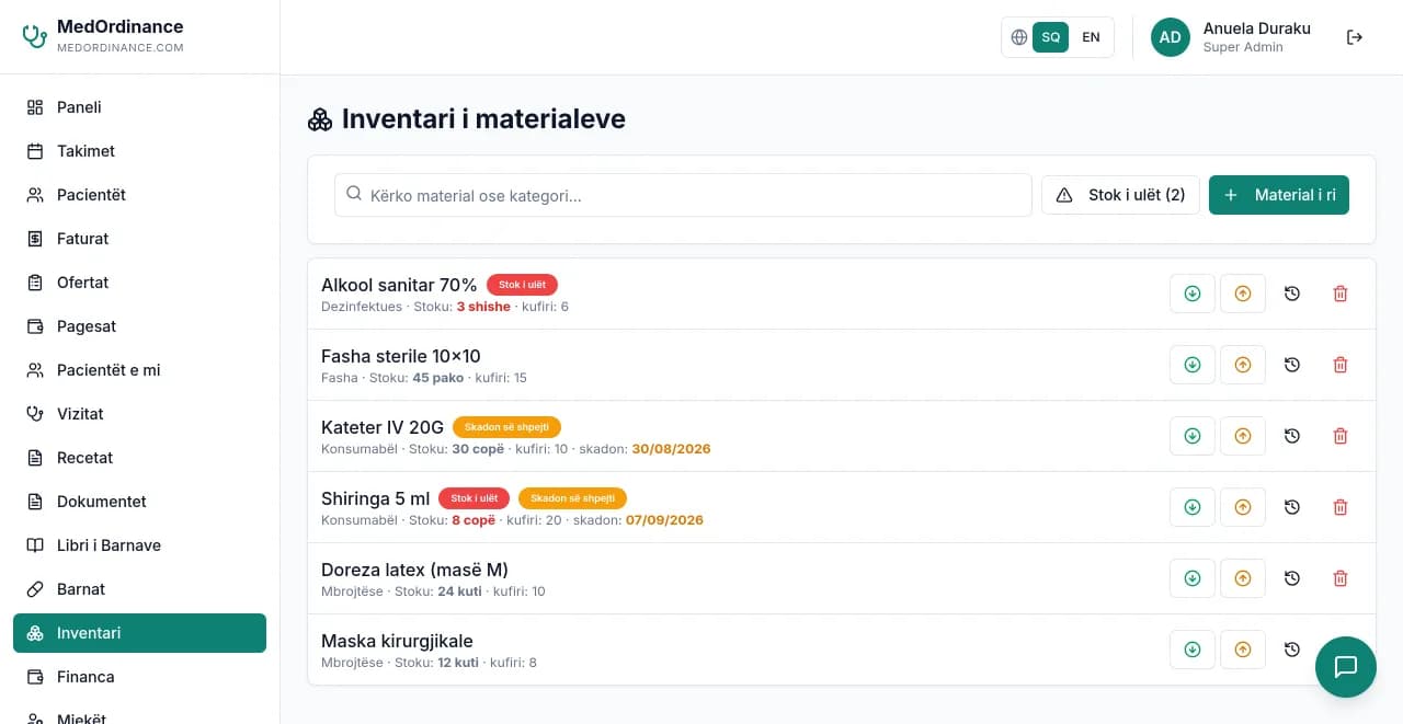 Inventar materialesh demo me alarme stoku të ulët dhe skadence